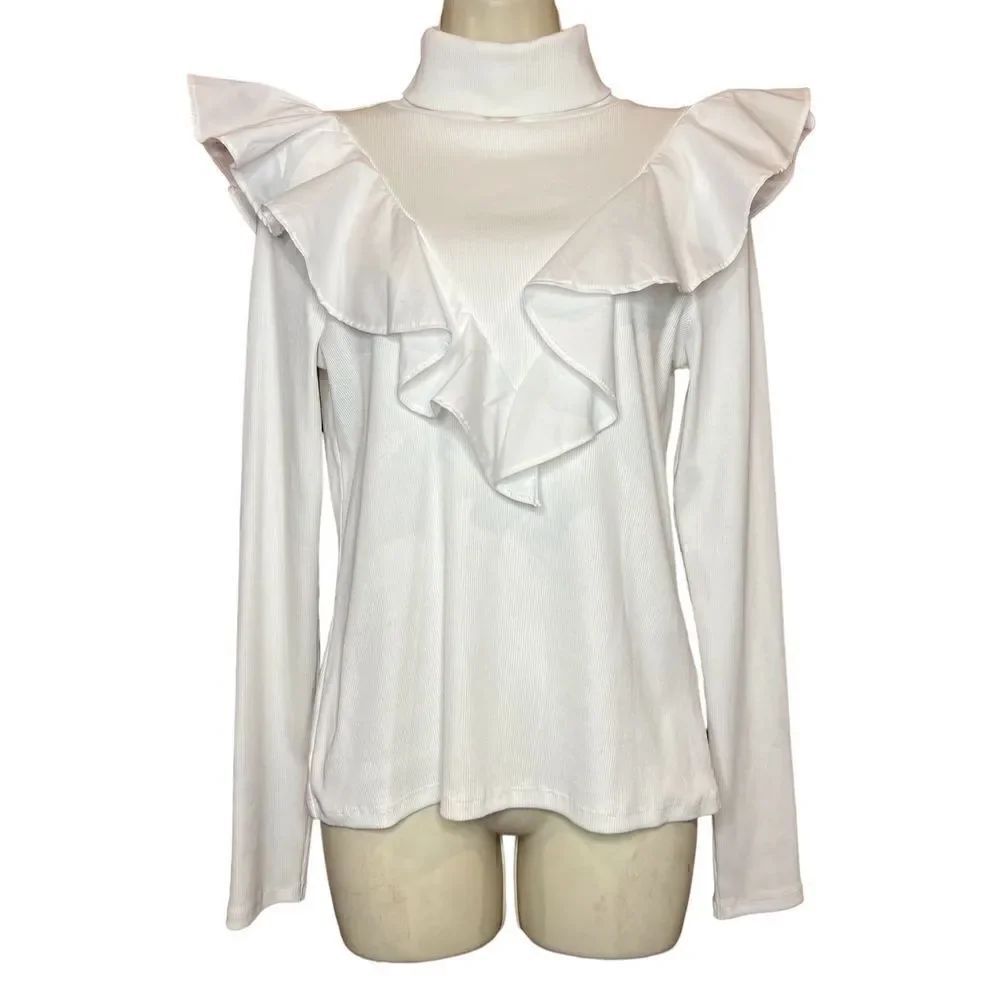 Veronica Beard Avalon White Ruffled Rib Knot Turtleneck NWT Size Medium